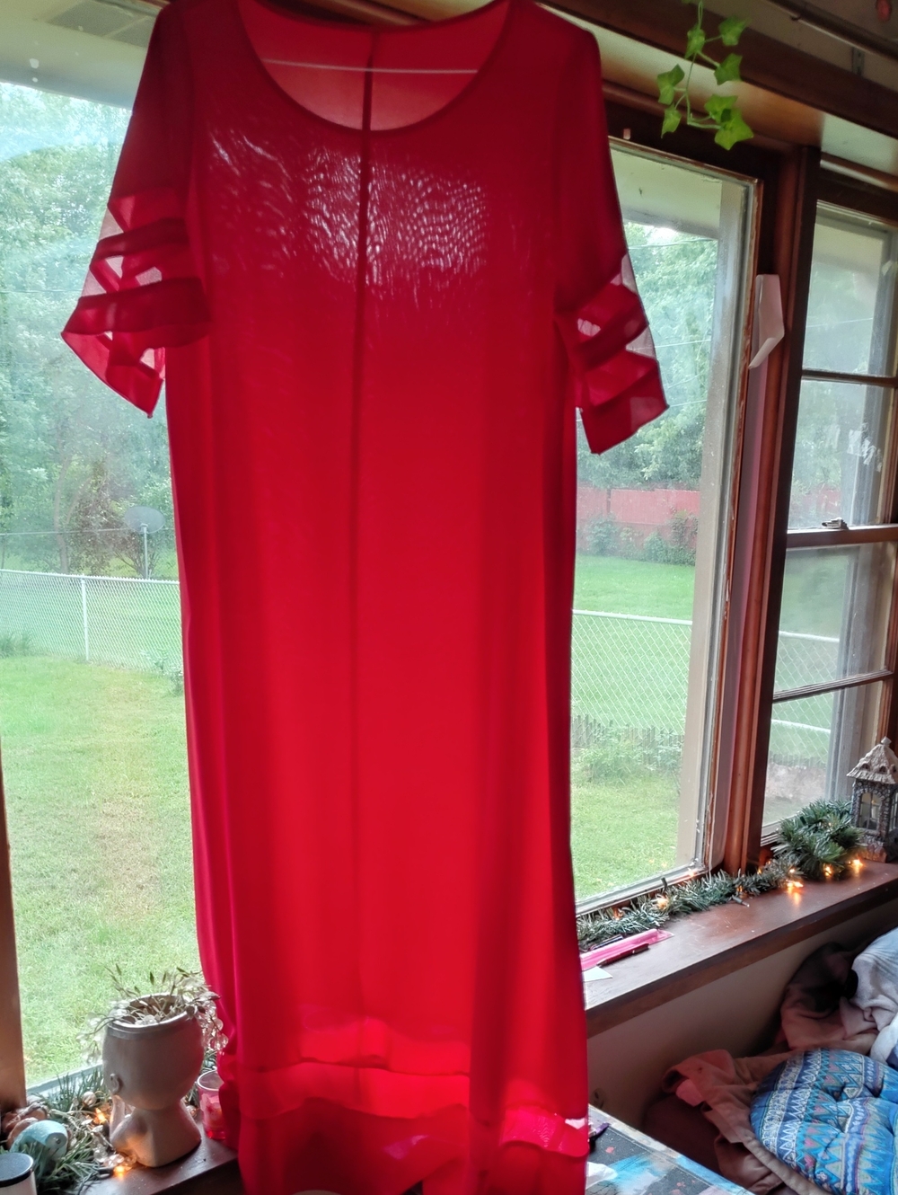 Red Short-Sleeve Sheer Women's Dress